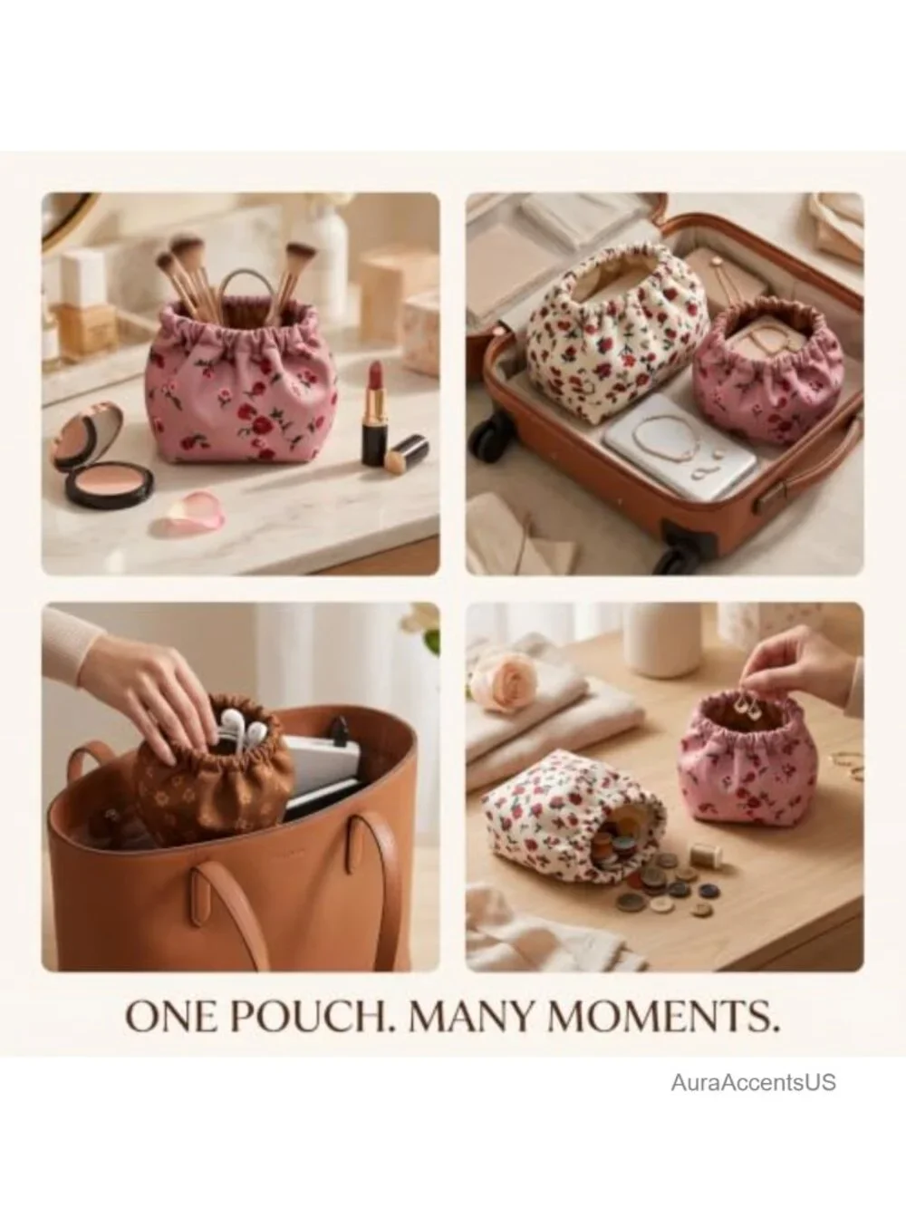 Set of 4 Floral Self-Closing Cosmetic Pouches No Zipper